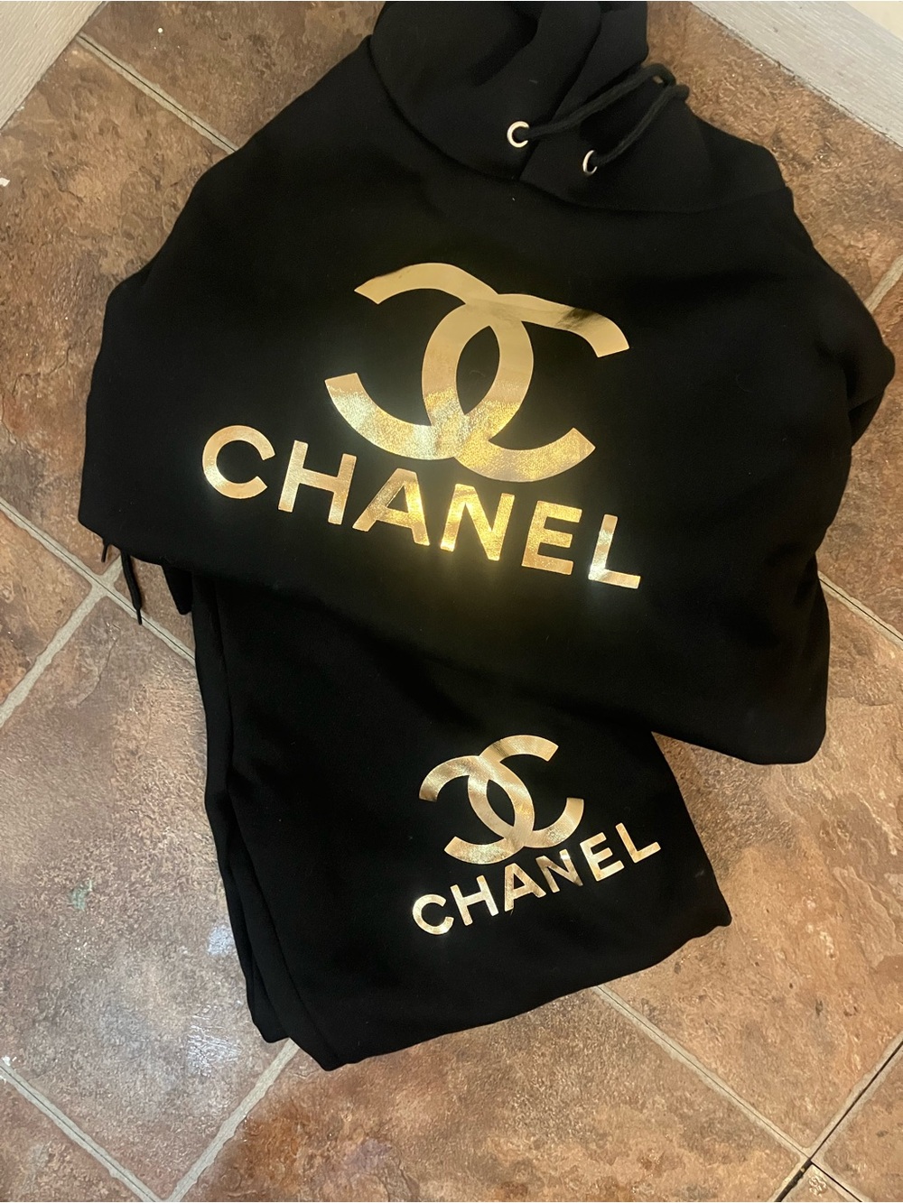 CHANEL Black Kids Hoodie & Sweatpants Set with Gold Logo